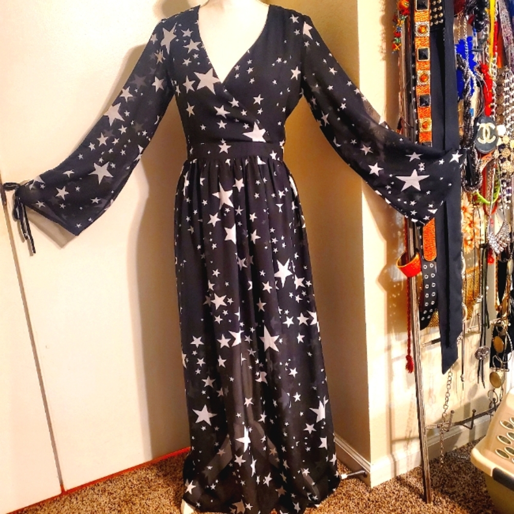 Black & white star print semi sheer maxi dress w/ witchy long bell sleeves